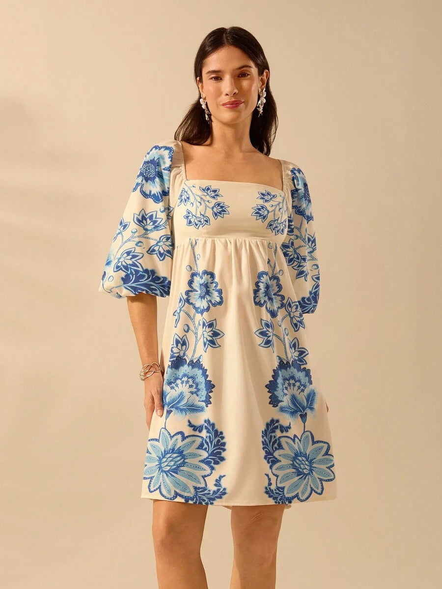 Vestido Mini Boho con Mangas Globo y Estampa Tropical de Plantas