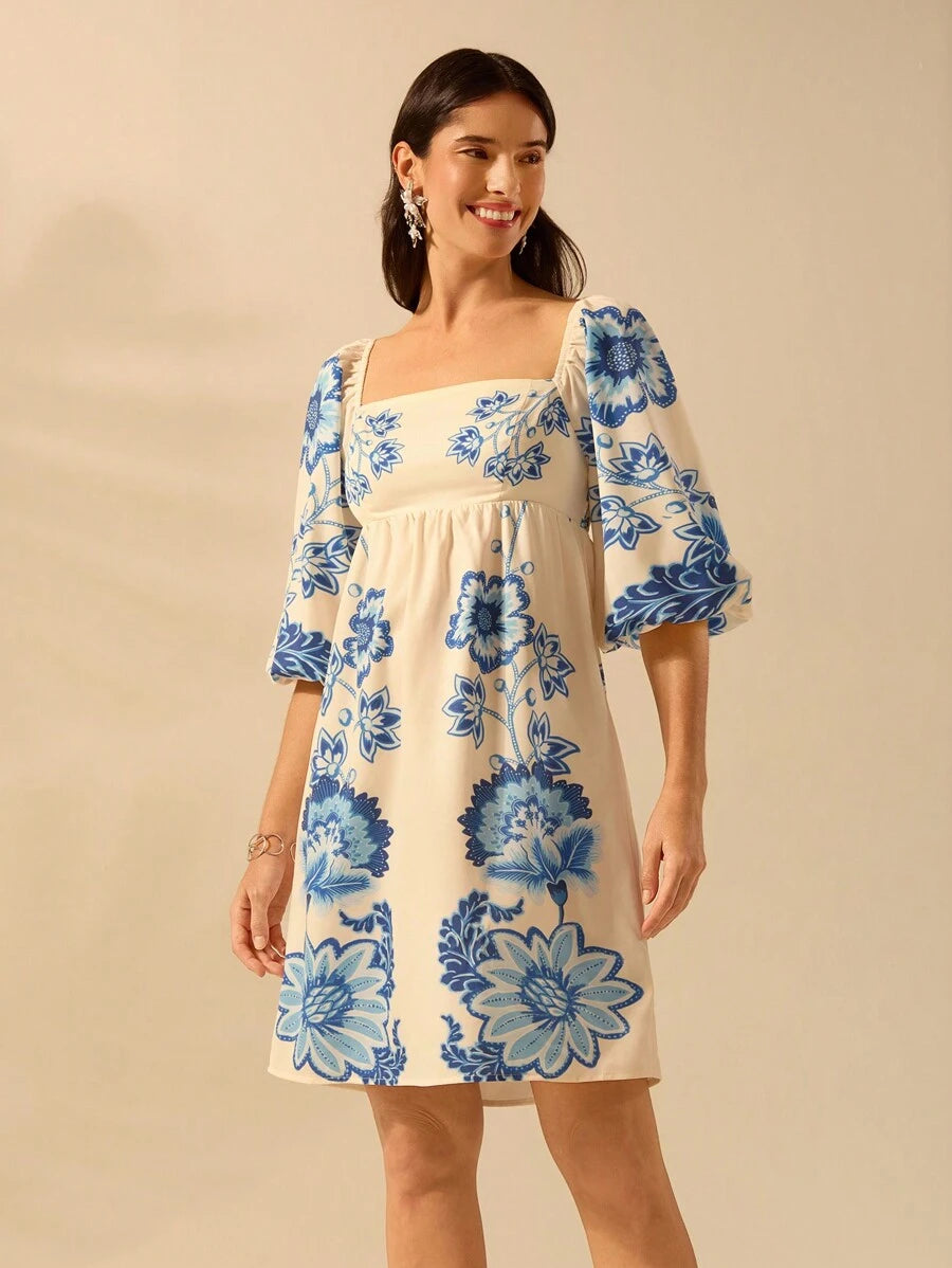 Vestido Mini Boho con Mangas Globo y Estampa Tropical de Plantas