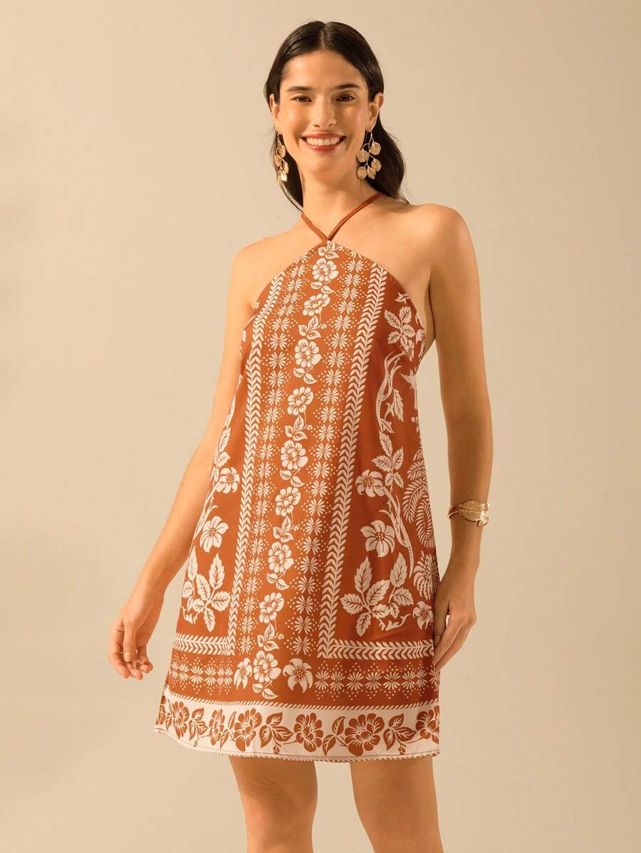 Vestido Mini Negro & Beige Boho con Cinturón y Espalda Cruzada