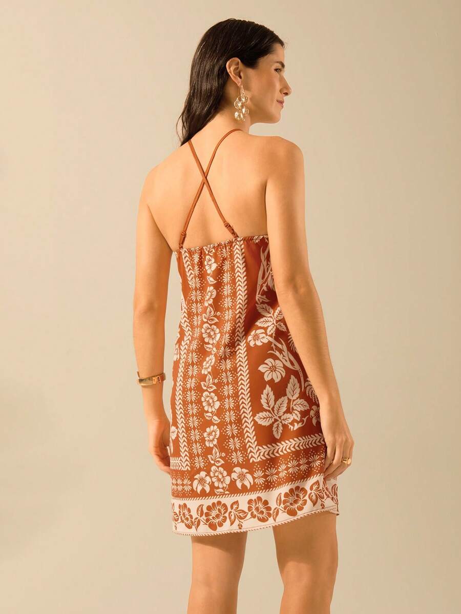 Vestido Corto Boho Negro & Beige con Cinturón y Espalda Cruzada