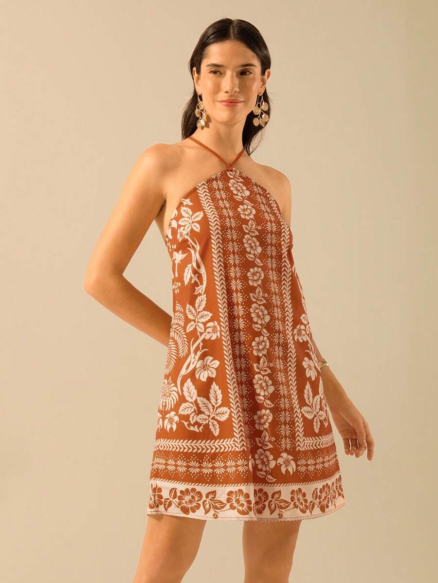 Vestido Mini Negro & Beige Boho con Cinturón y Espalda Cruzada