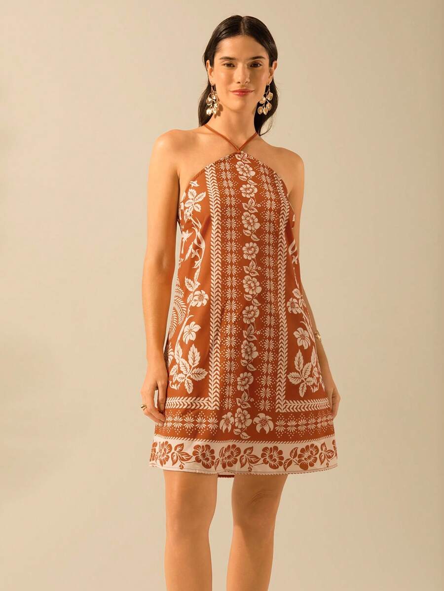 Vestido Mini Negro & Beige Boho con Cinturón y Espalda Cruzada