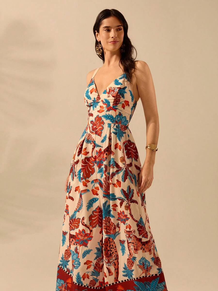 Mono Largo Negro Boho con Estampa Leopardo & Flora Tropical