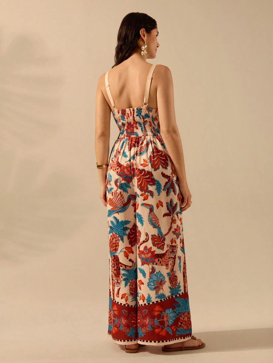 Mono Largo Negro Boho con Estampa Leopardo & Flora Tropical