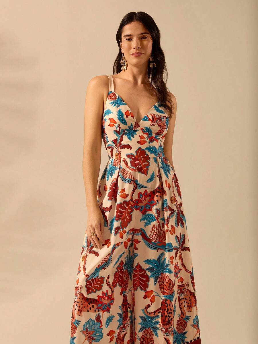 Mono Largo Negro Boho con Estampa Leopardo & Flora Tropical