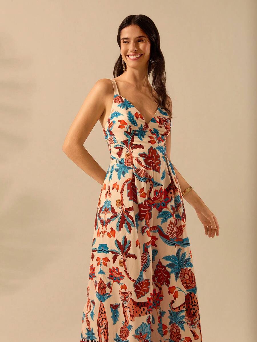 Mono Largo Negro Boho con Estampa Leopardo & Flora Tropical
