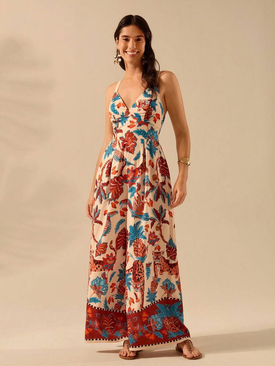 Mono Largo Negro Boho con Estampa Leopardo & Flora Tropical