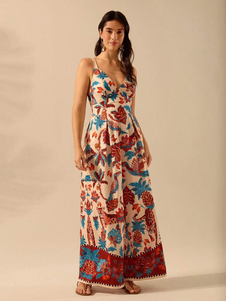 Mono Largo Negro Boho con Estampa Leopardo & Flora Tropical