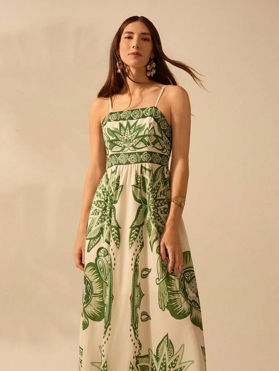 Vestido largo tropical verde con escote halter