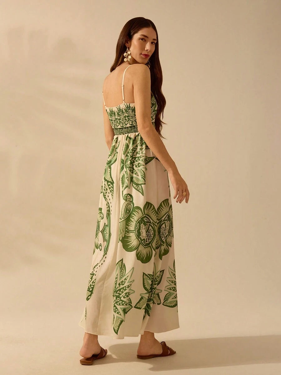 Vestido largo tropical verde con escote halter