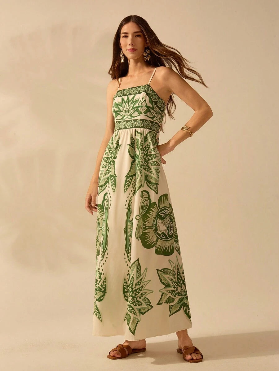 Vestido largo tropical verde con escote halter