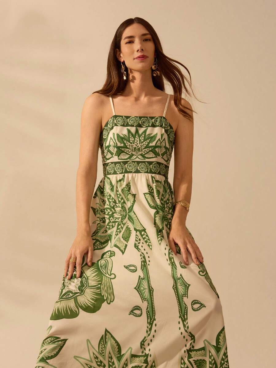 Vestido largo tropical verde con escote halter