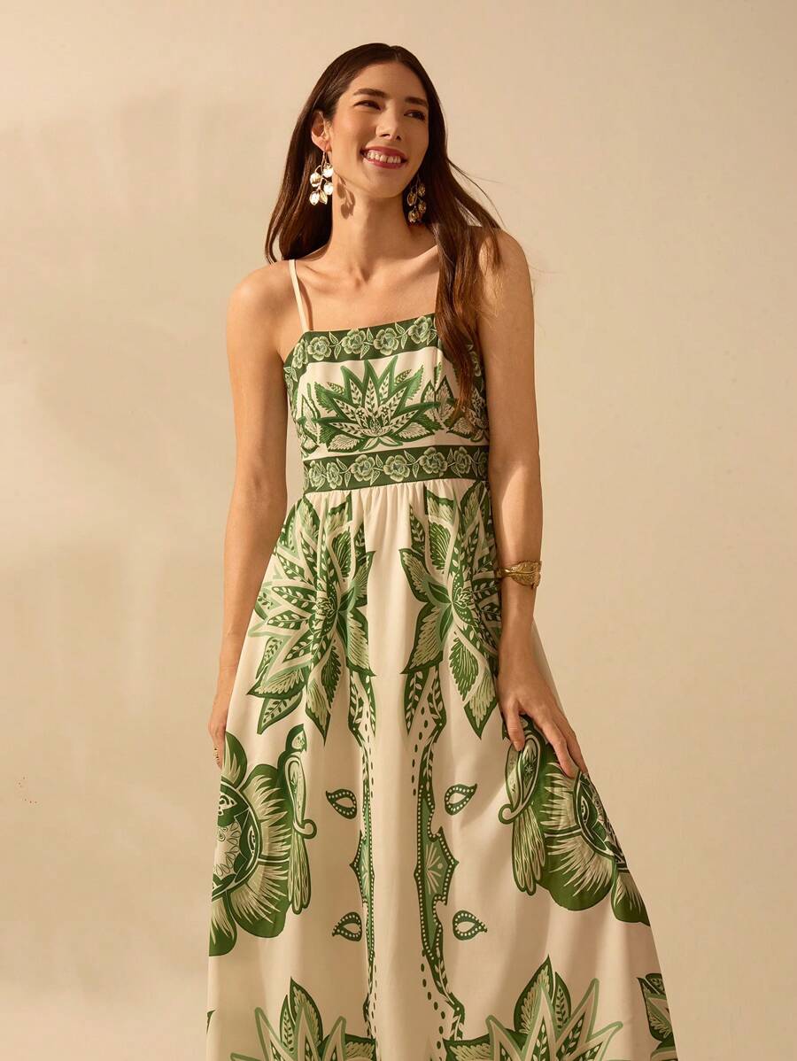 Vestido largo tropical verde con escote halter