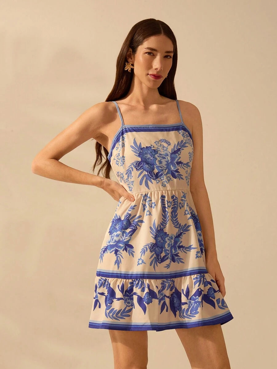 Vestido corto floral azul boho
