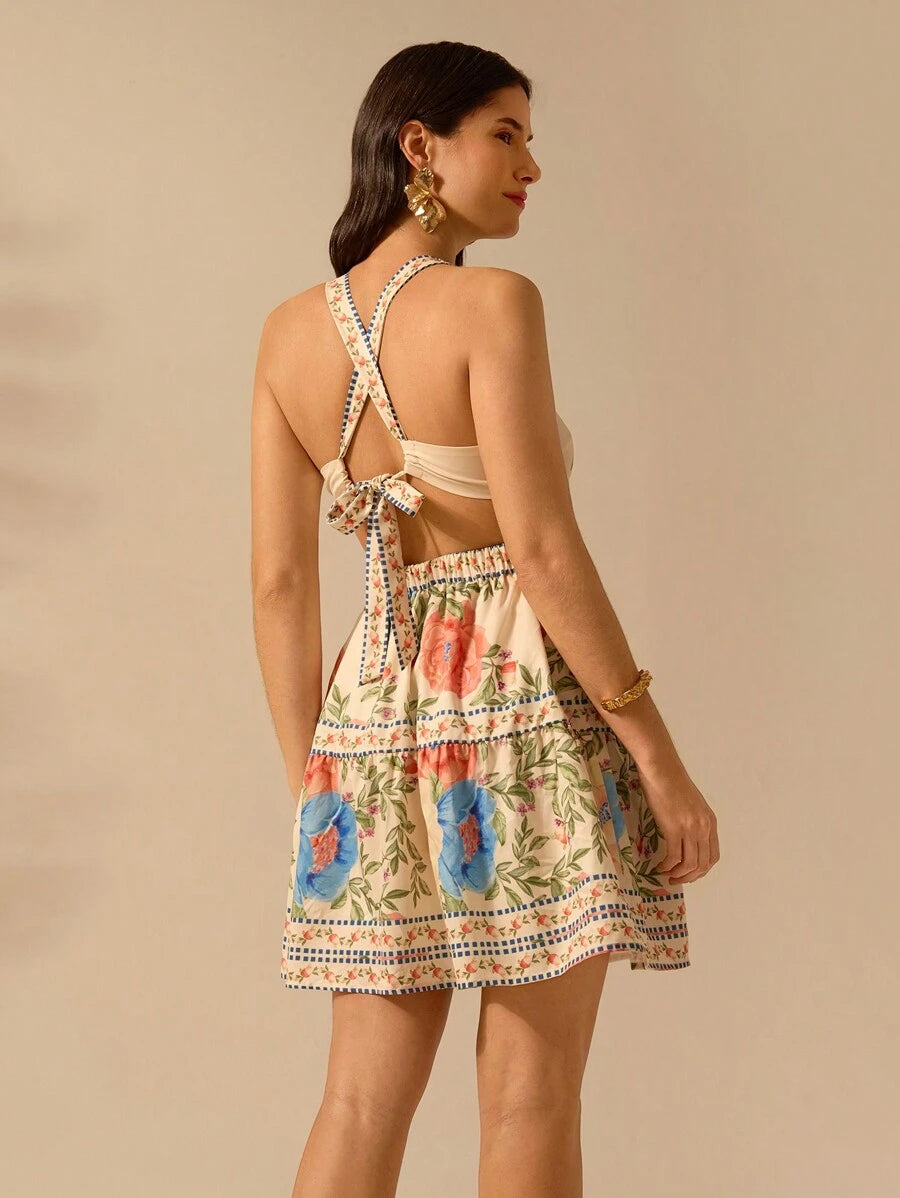 Vestido Corto Bohemio sin Mangas, Lazo Frontal, Espalda Abierta