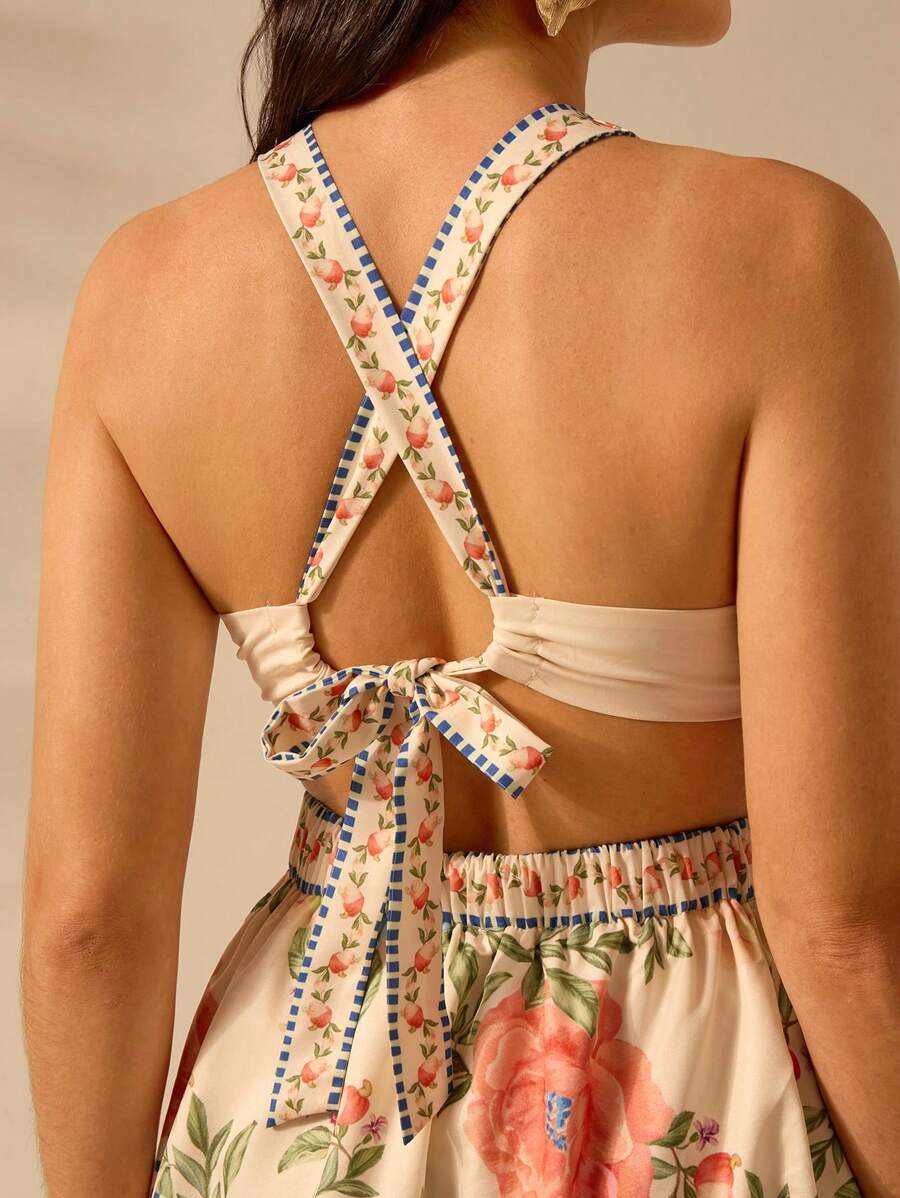 Vestido Corto Bohemio sin Mangas, Lazo Frontal, Espalda Abierta
