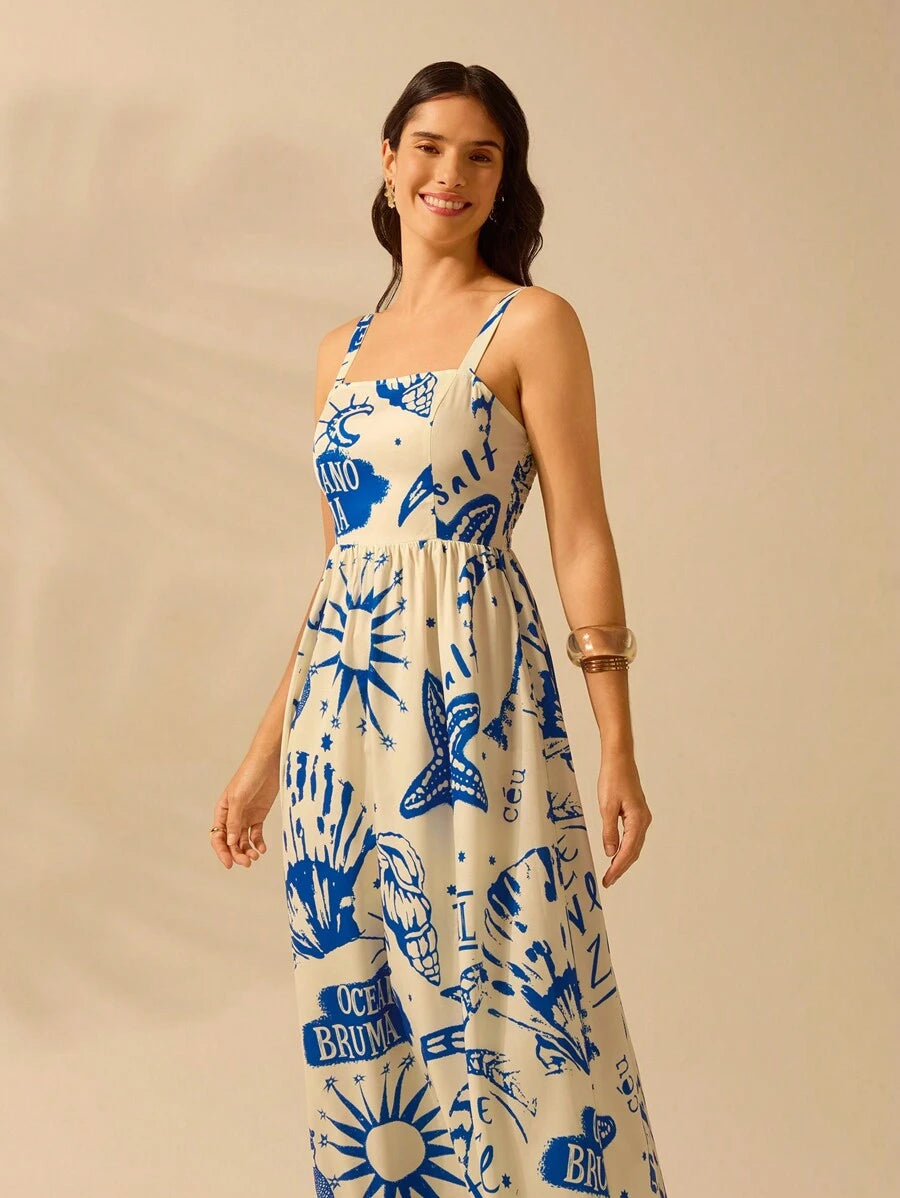 Vestido Boho Sin Mangas con Palmas Tropicales y Mar