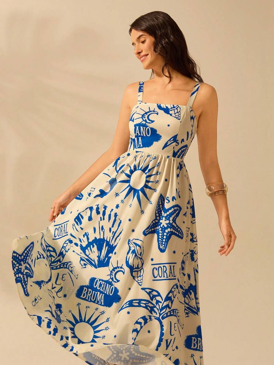 Vestido Boho Sin Mangas con Palmas Tropicales y Mar