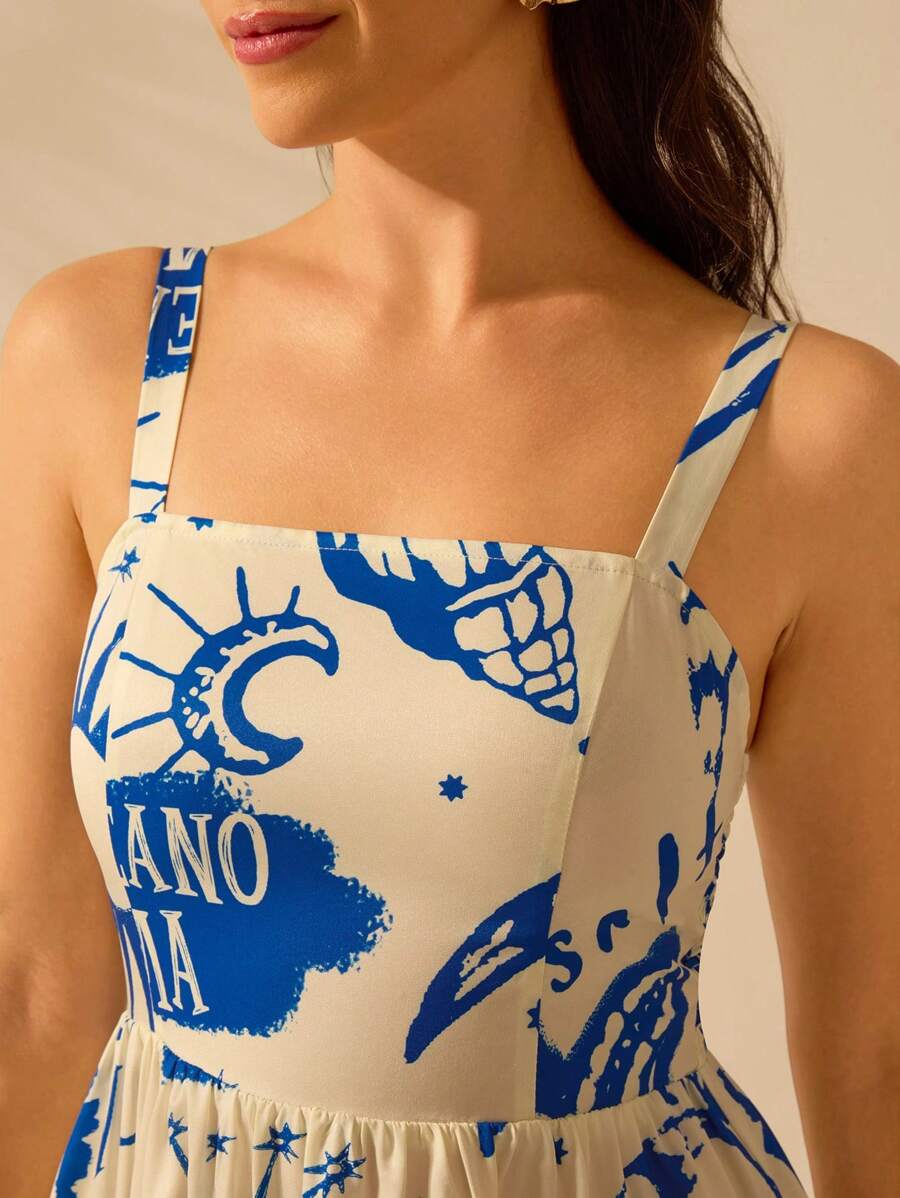 Vestido Boho Sin Mangas con Palmas Tropicales y Mar