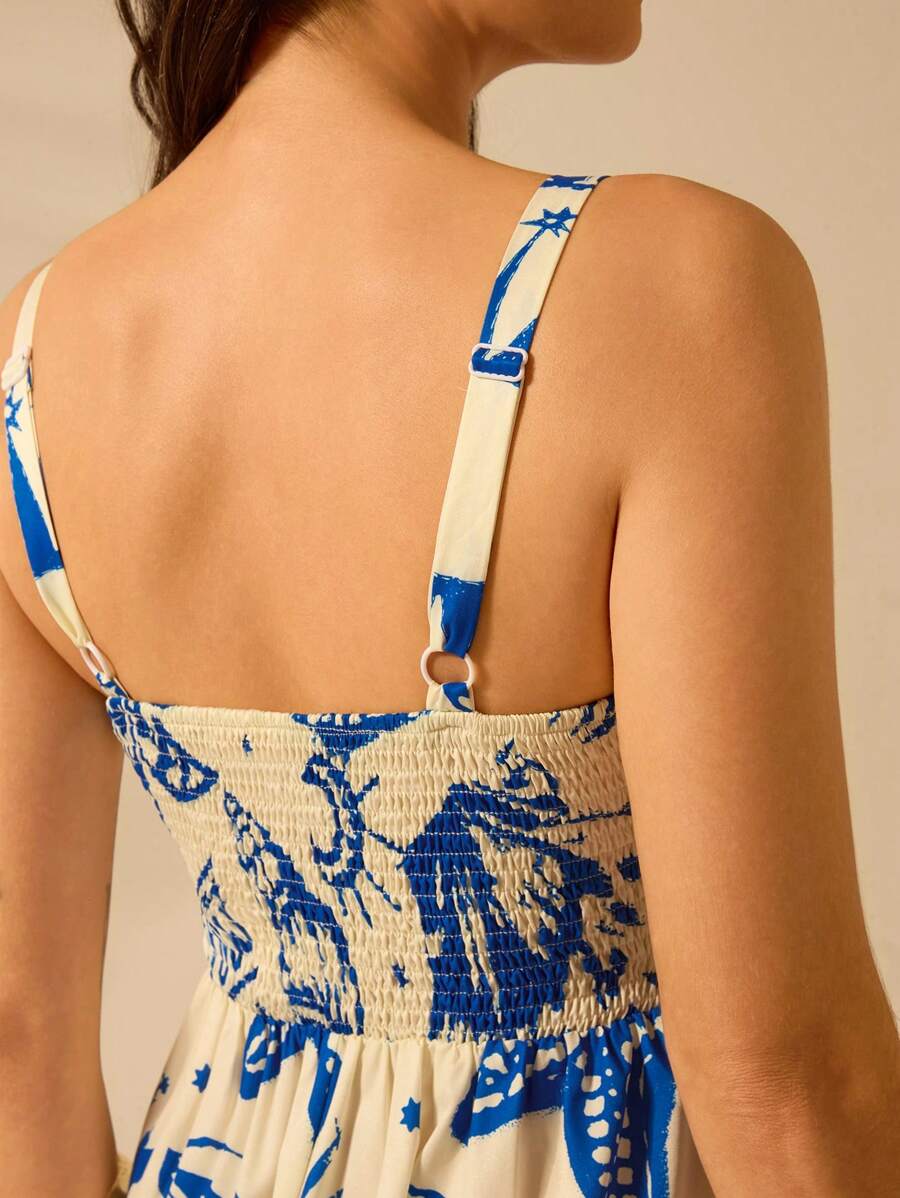 Vestido Boho Sin Mangas con Palmas Tropicales y Mar