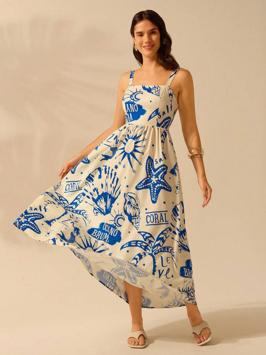 Vestido Boho Sin Mangas con Palmas Tropicales y Mar