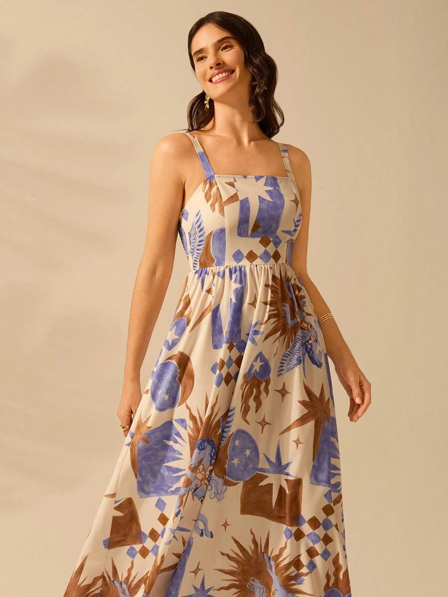 Vestido Boho Sin Mangas con Palmas Tropicales y Mar
