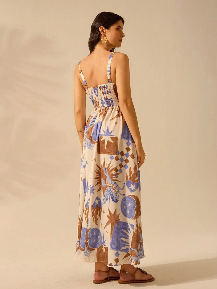 Vestido Boho Sin Mangas con Palmas Tropicales y Mar