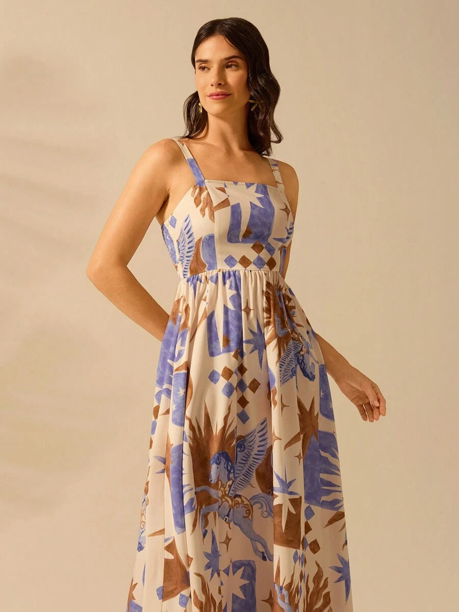 Vestido Boho Sin Mangas con Palmas Tropicales y Mar