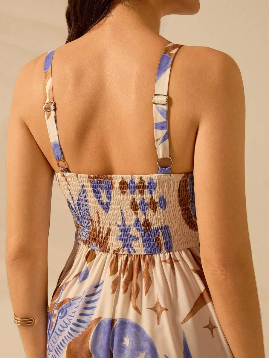 Vestido Boho Sin Mangas con Palmas Tropicales y Mar