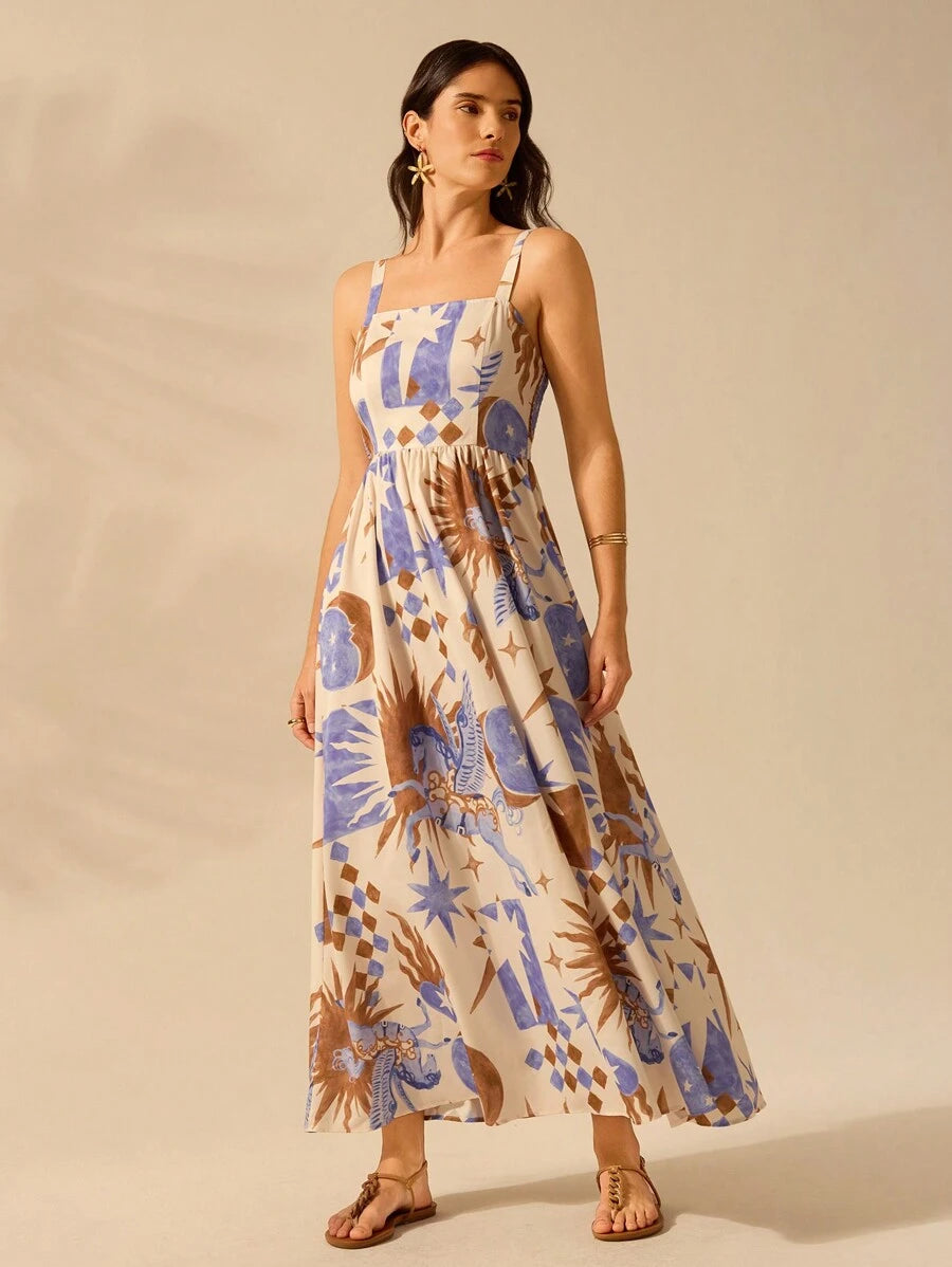 Vestido Boho Sin Mangas con Palmas Tropicales y Mar