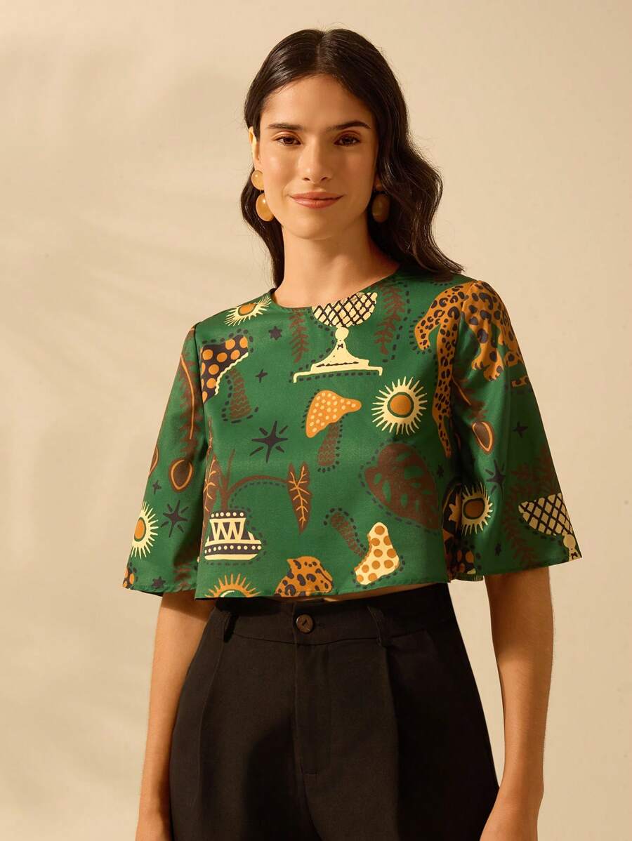Blusa Corta Tropical Colorida Boho