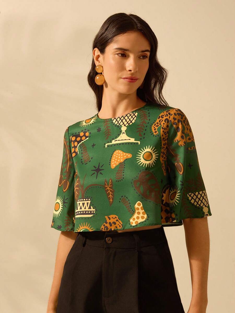 Blusa Corta Tropical Colorida Boho
