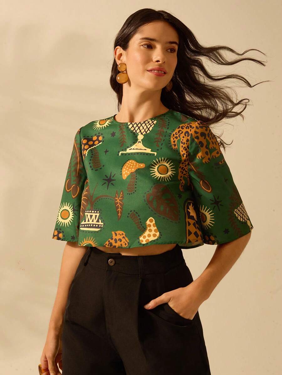 Blusa Corta Tropical Colorida Boho
