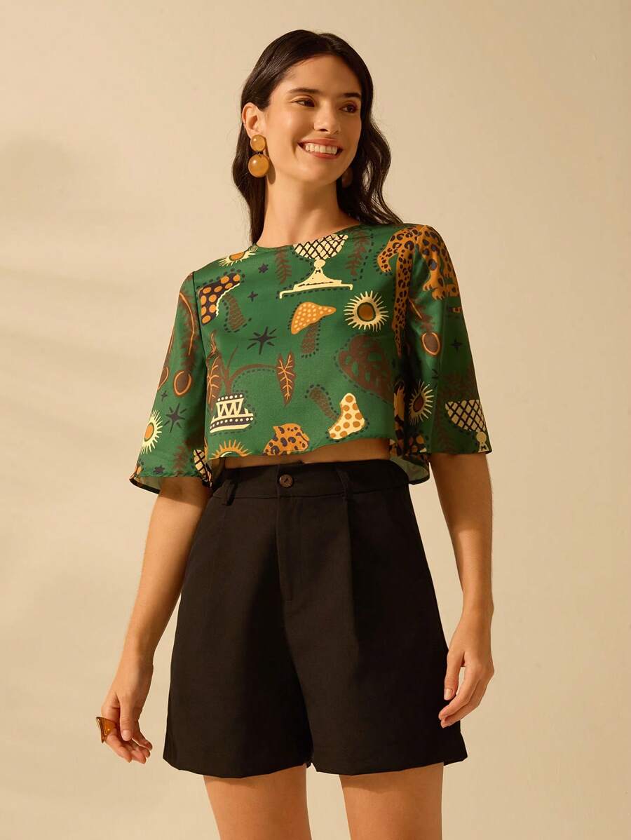 Blusa Corta Tropical Colorida Boho