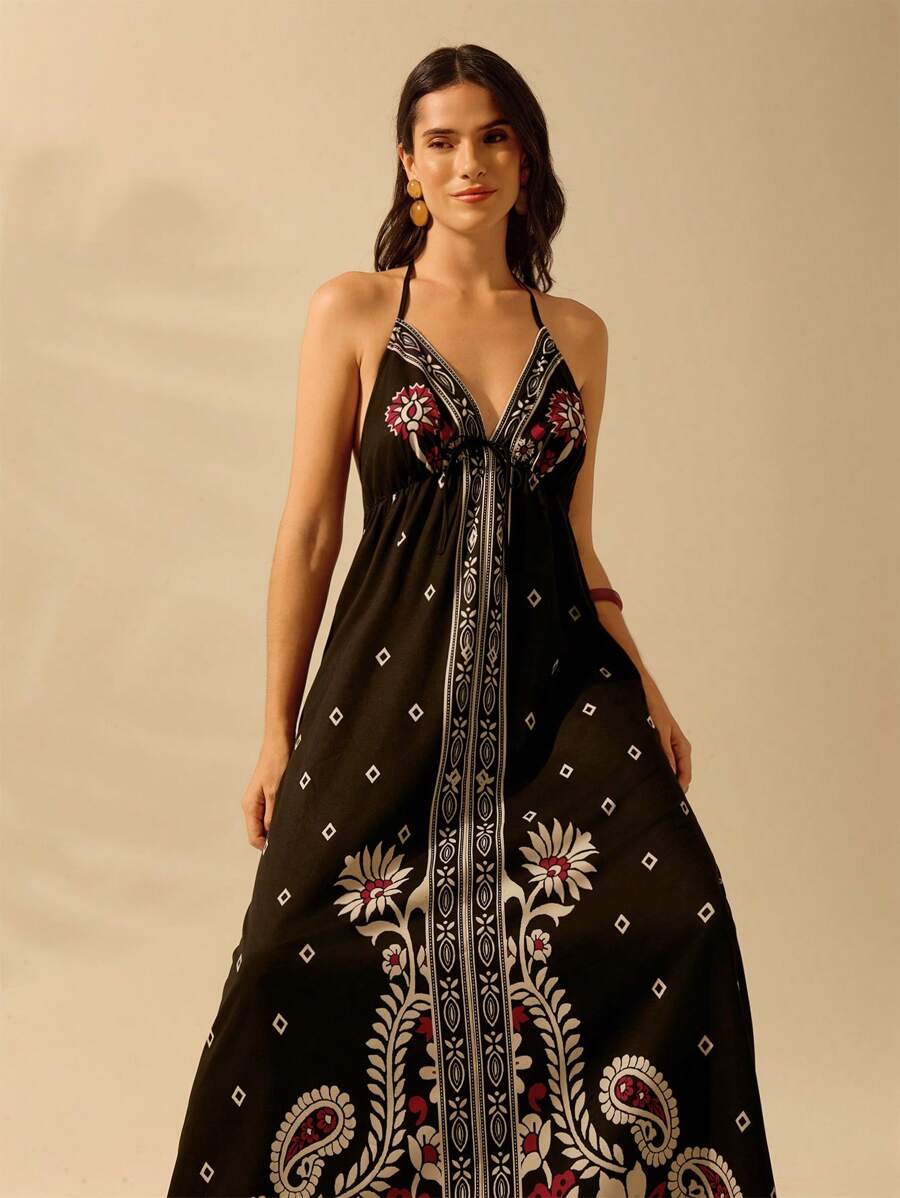 Vestido Largo Halter Azul Tropical con Loro y Lazo