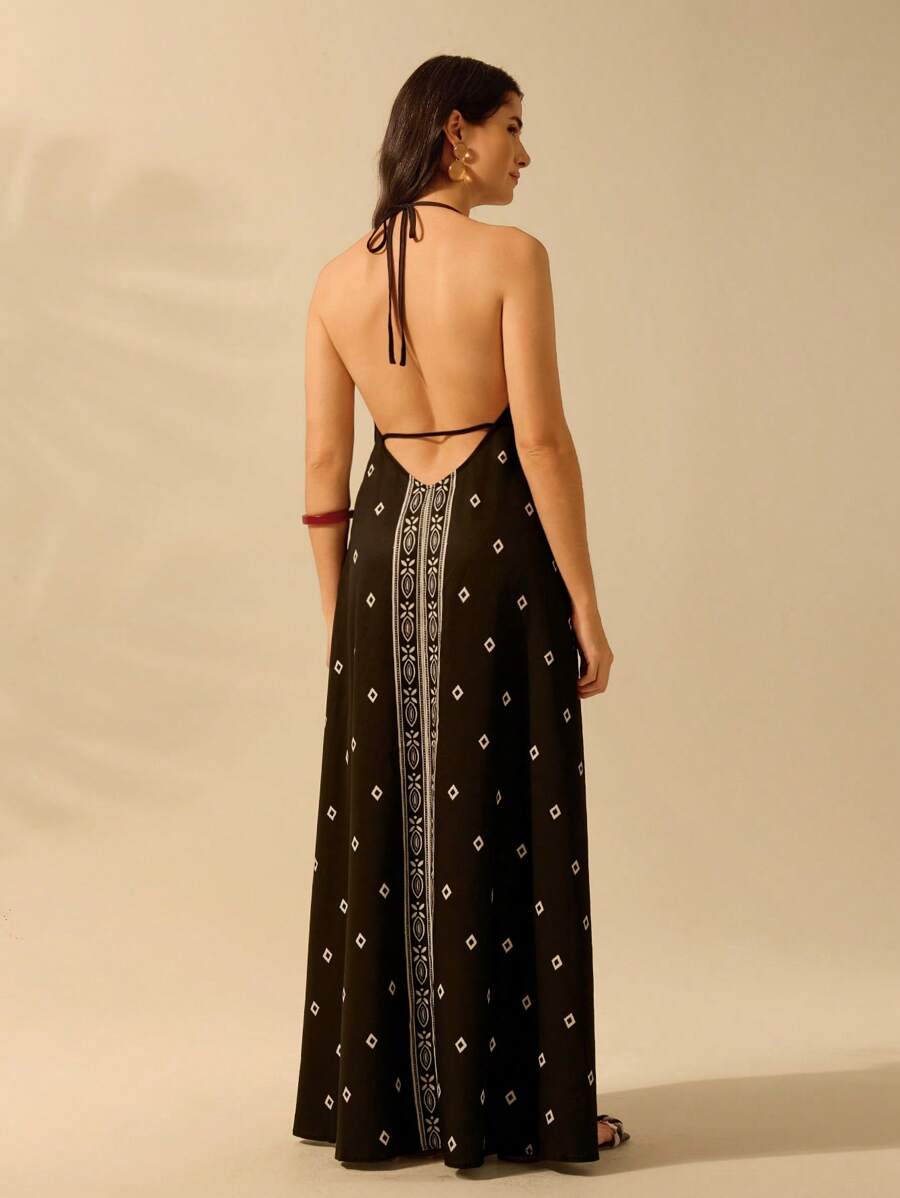Vestido Largo Halter Azul Tropical con Lazo y Estampa de Loro
