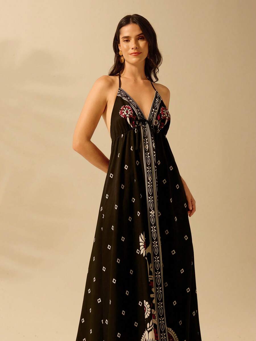 Vestido Largo Halter Azul Tropical con Lazo y Estampa de Loro