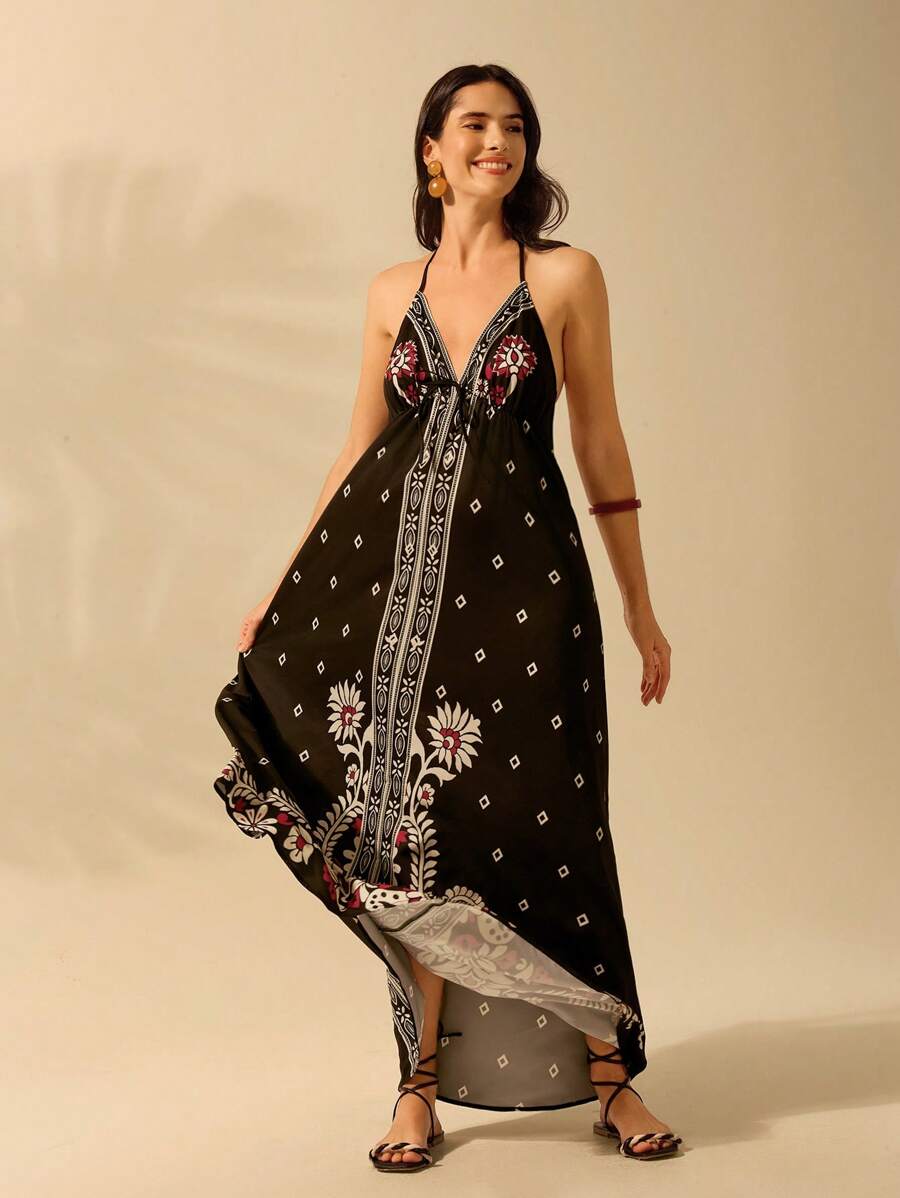 Vestido Largo Halter Azul Tropical con Lazo y Estampa de Loro