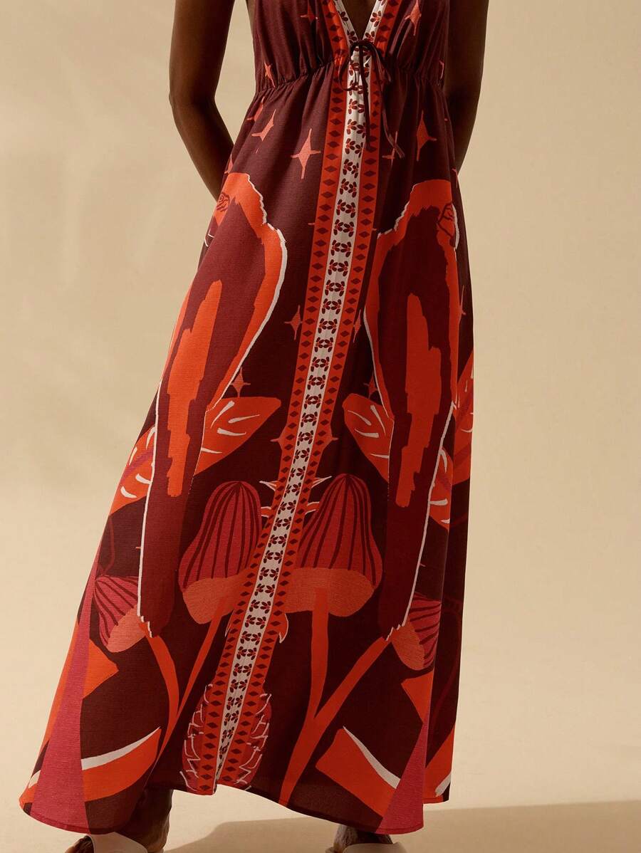 Vestido Largo Halter Azul Tropical con Loro y Lazo