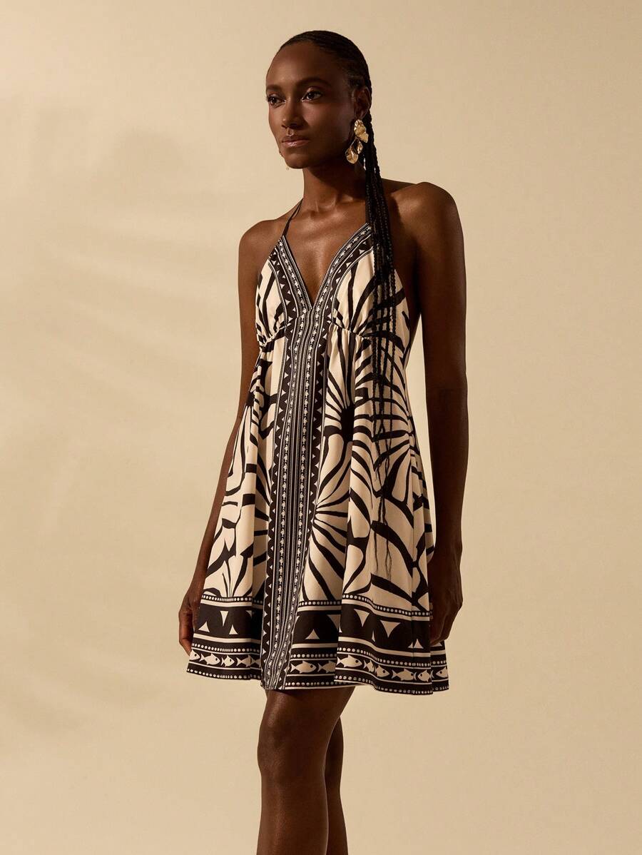 Vestido Corto Negro & Beige Boho Espalda Abierta