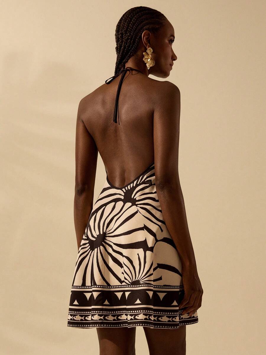 Vestido Corto Negro & Beige Boho Espalda Abierta