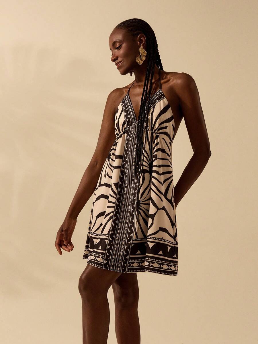 Vestido Corto Negro & Beige Boho Espalda Abierta