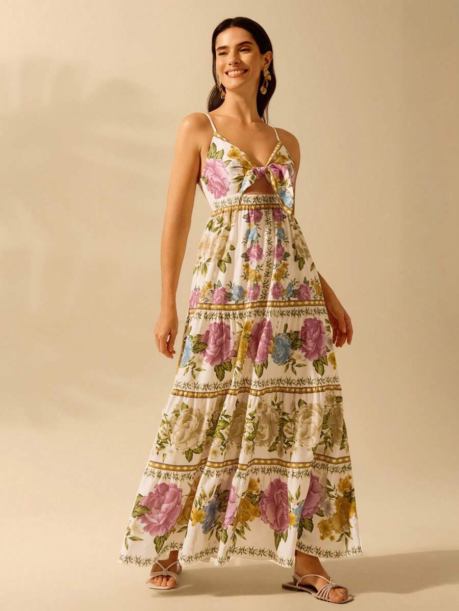 Vestido Boho Floral Elegante con Lazo, Cut-Out y Capas
