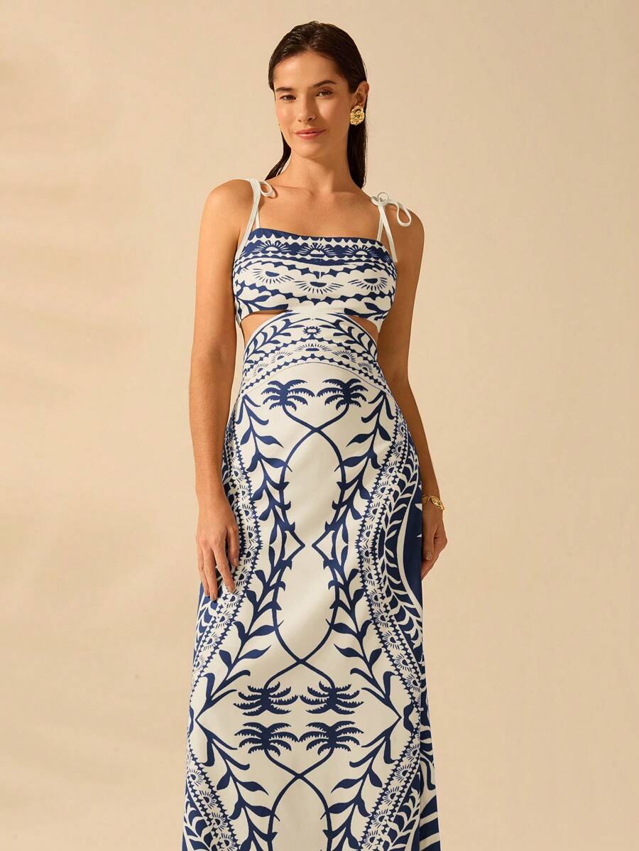Vestido bohemio con palmeras y cintura abierta