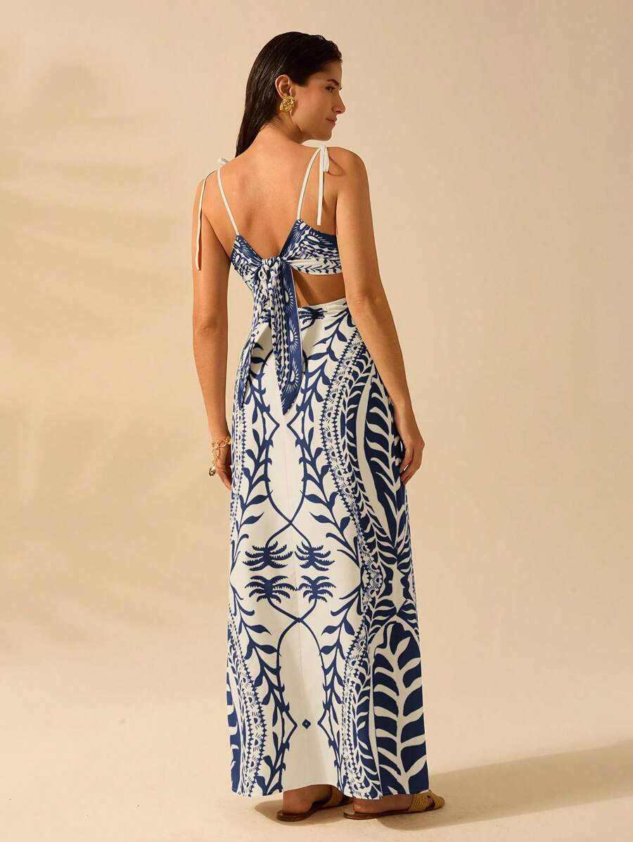 Vestido bohemio con palmeras y cintura abierta
