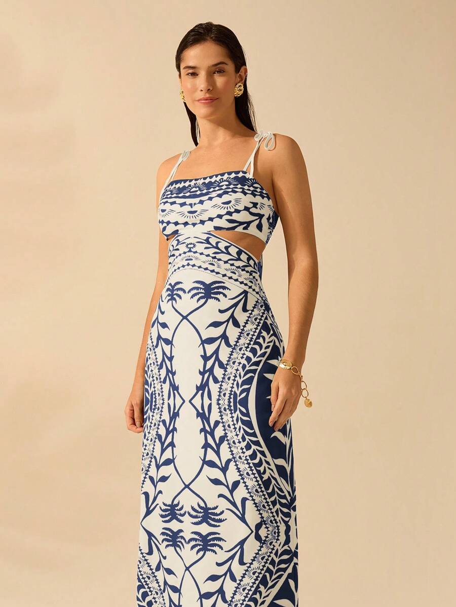 Vestido bohemio con palmeras y cintura abierta