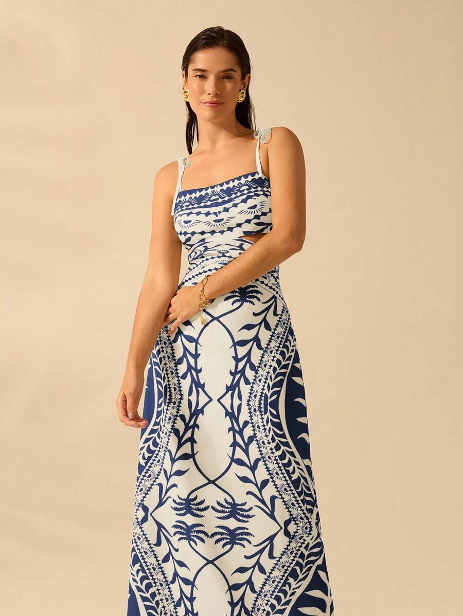 Vestido bohemio con palmeras y cintura abierta