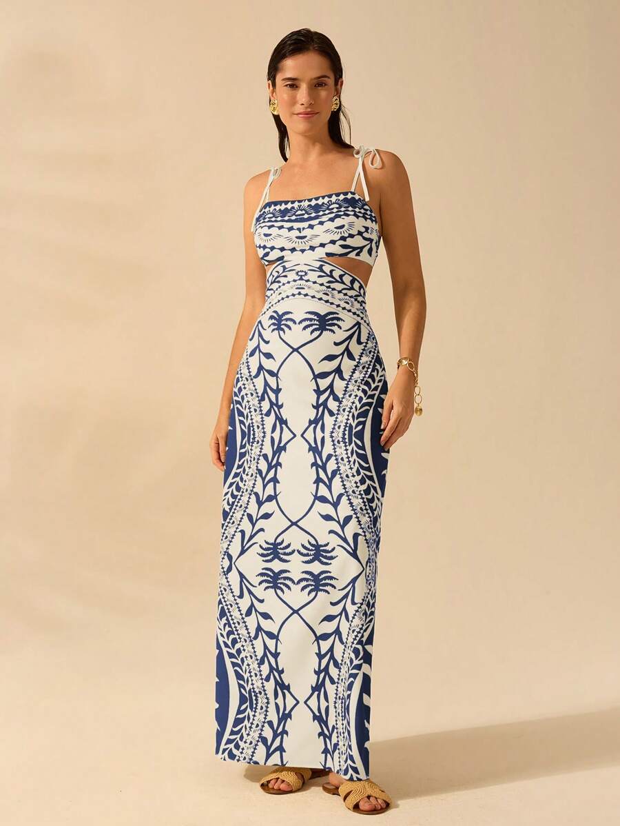 Vestido bohemio con palmeras y cintura abierta
