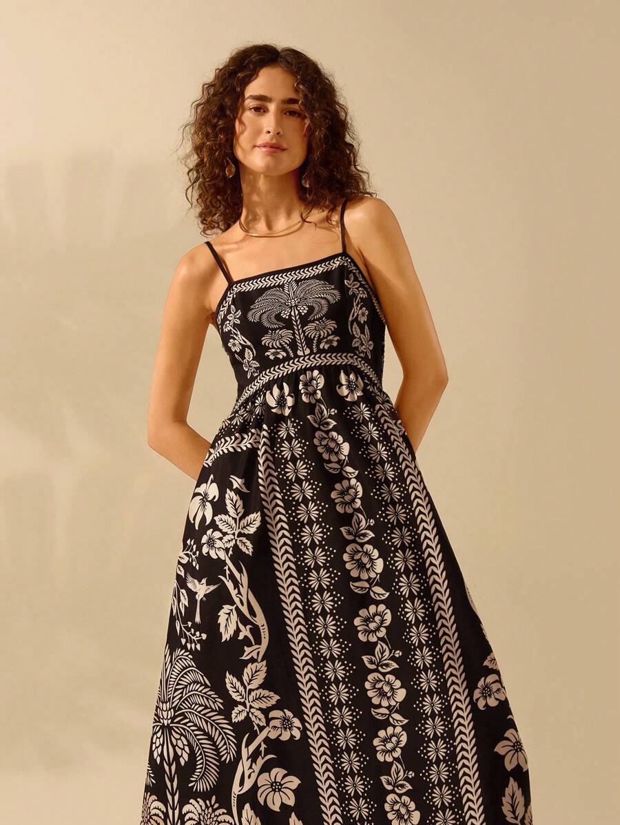 Vestido Largo Boho Negro con V-Neck y Estampa Tropical