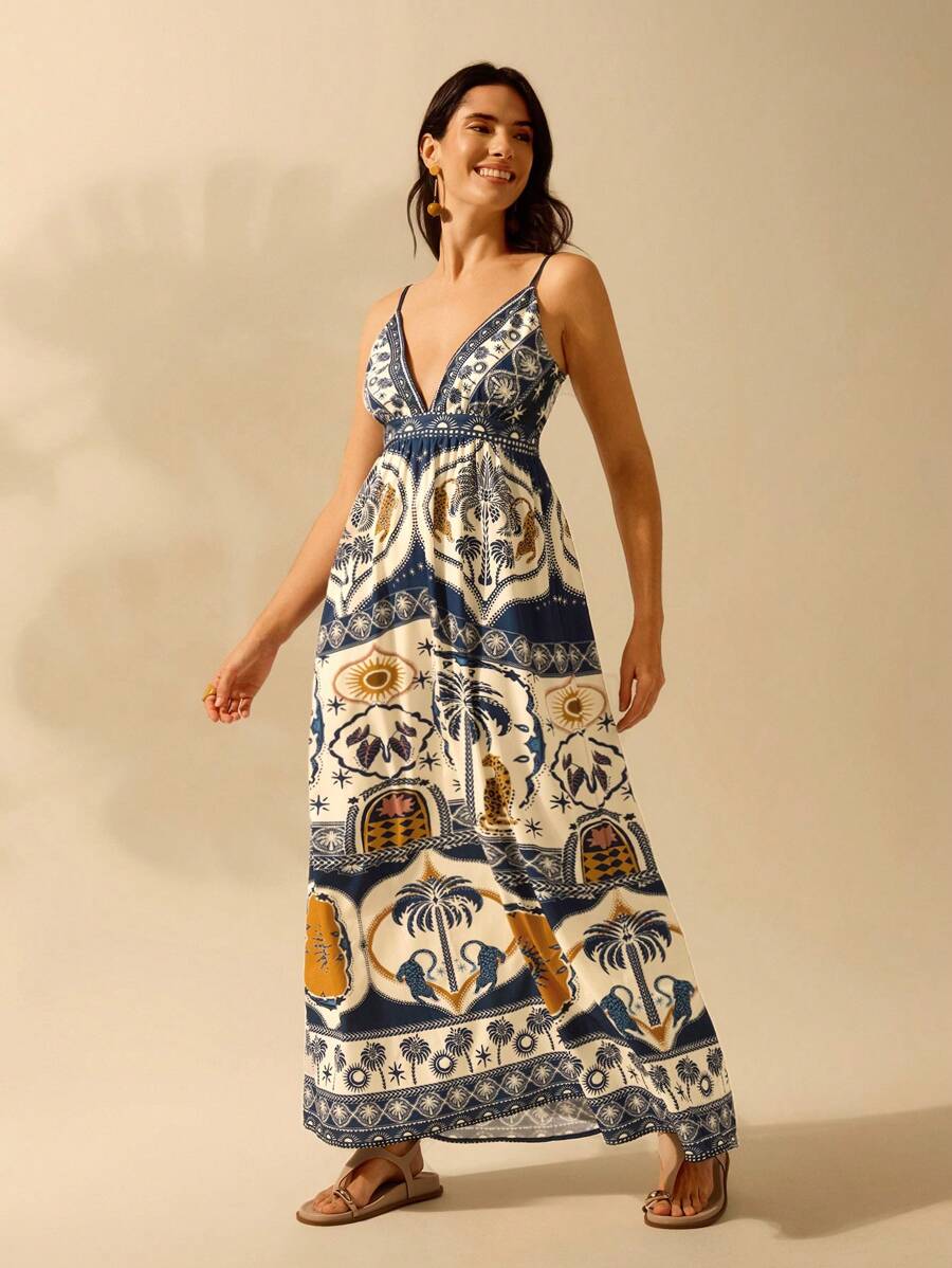 Vestido Boho V-Neck Tropical Leopardo & Palmeras